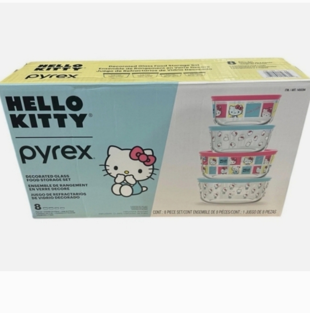 NEW Pyrex Hello Kitty 8 Piece Decorated Glass Food Storage Bowls W/ Lid … - Picture 4 of 4